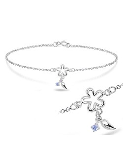 Flower and little leaf with CZ Stone Silver Bracelet BRS-173